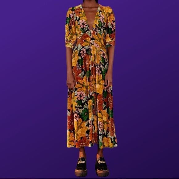 NWT FARM RIO Black Garden Floral V-Neck Velvet Midi Dress L - Picture 1 of 13